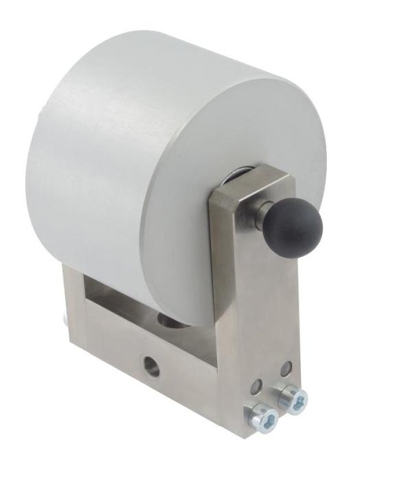 Metal peel wheel fixture with a large cylindrical drum mounted on a stainless-steel frame, featuring a black handle knob and bolts at the base for mounting.