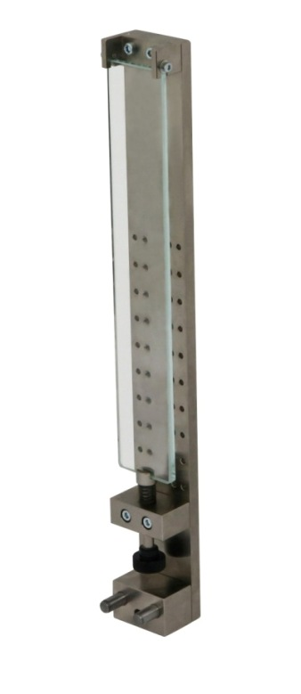Metal testing fixture with a vertical frame, adjustable holes, and a bottom clamp for securing specimens, used in peel or adhesion strength testing.