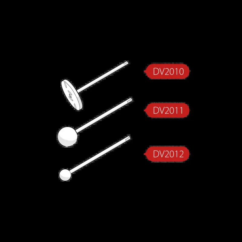 Illustration of three interchangeable spindles for TQC Sheen Rotothinner: DV2010 (disc), DV2011 (ball), and DV2012 (small sphere) for different test applications.