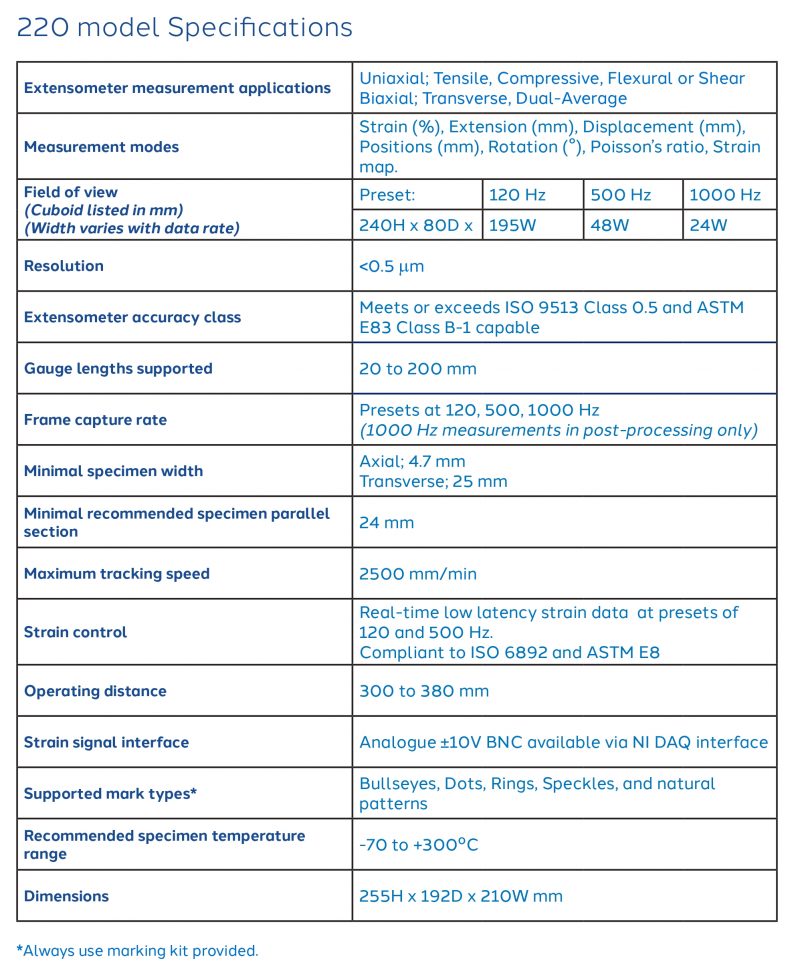 Specification chart for UVX3D 220 model, highlighting enhanced field of view, supported gauge lengths, and measurement features.